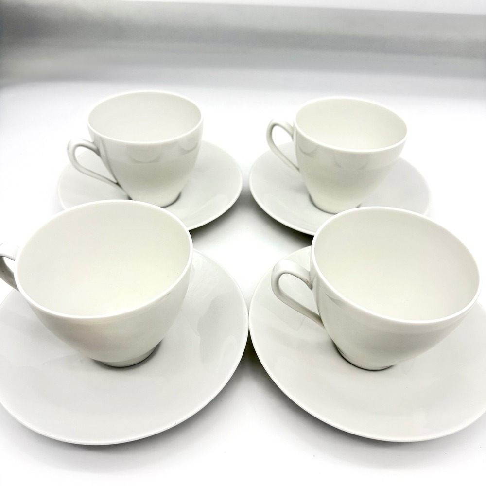 Rörstrand Blanca Set‎ 4 Cups & Saucers 611 White Porcelain Sweden Vintage